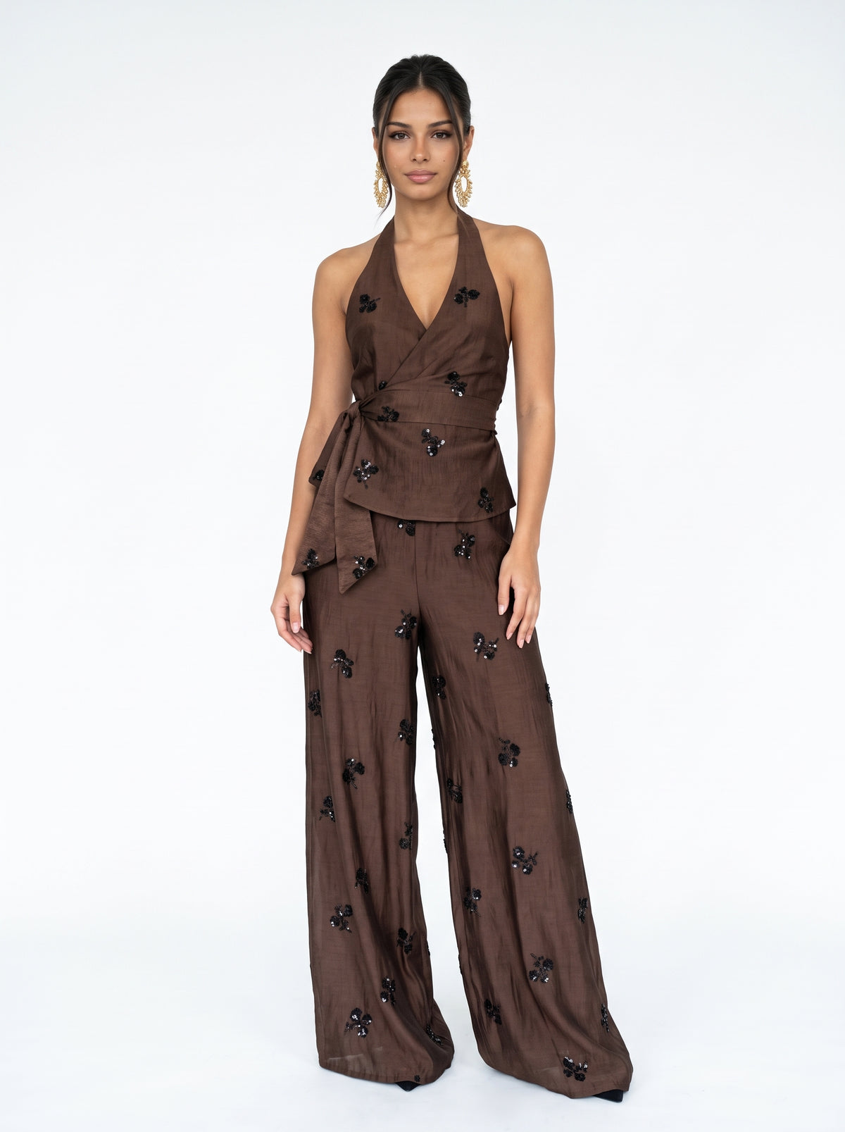 ROMANE - Conjunto Top Halter Pantalón Ancho