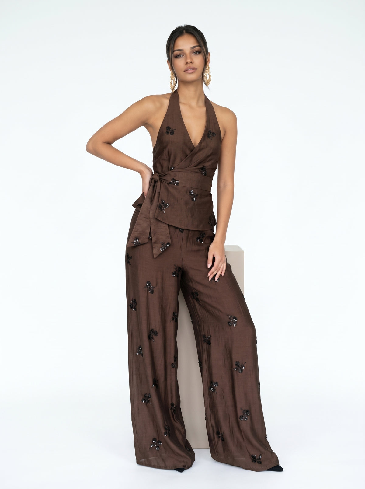 ROMANE - Conjunto Top Halter Pantalón Ancho